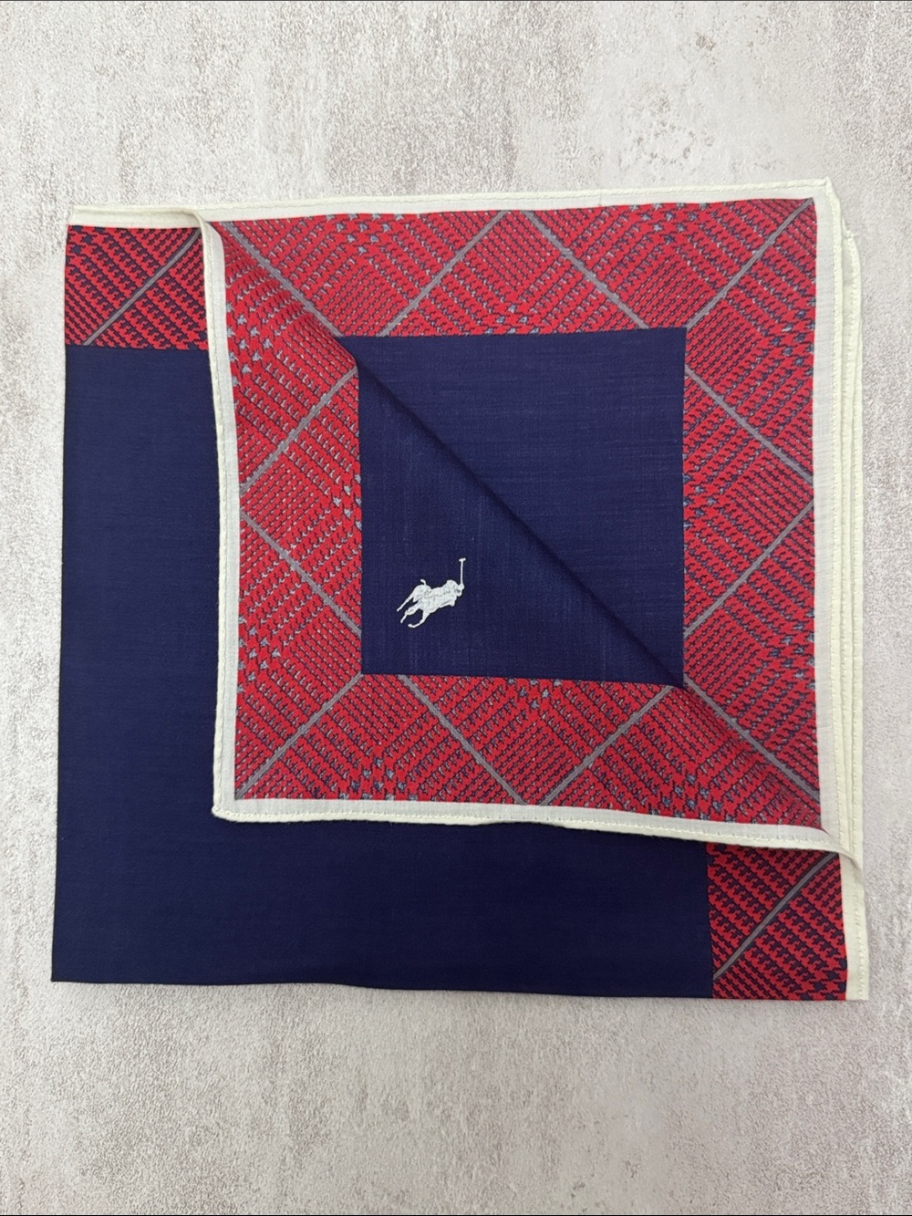 Polo by Ralph Lauren Navy Pocket Square with Red Patterned Border - Picture 4 of 4